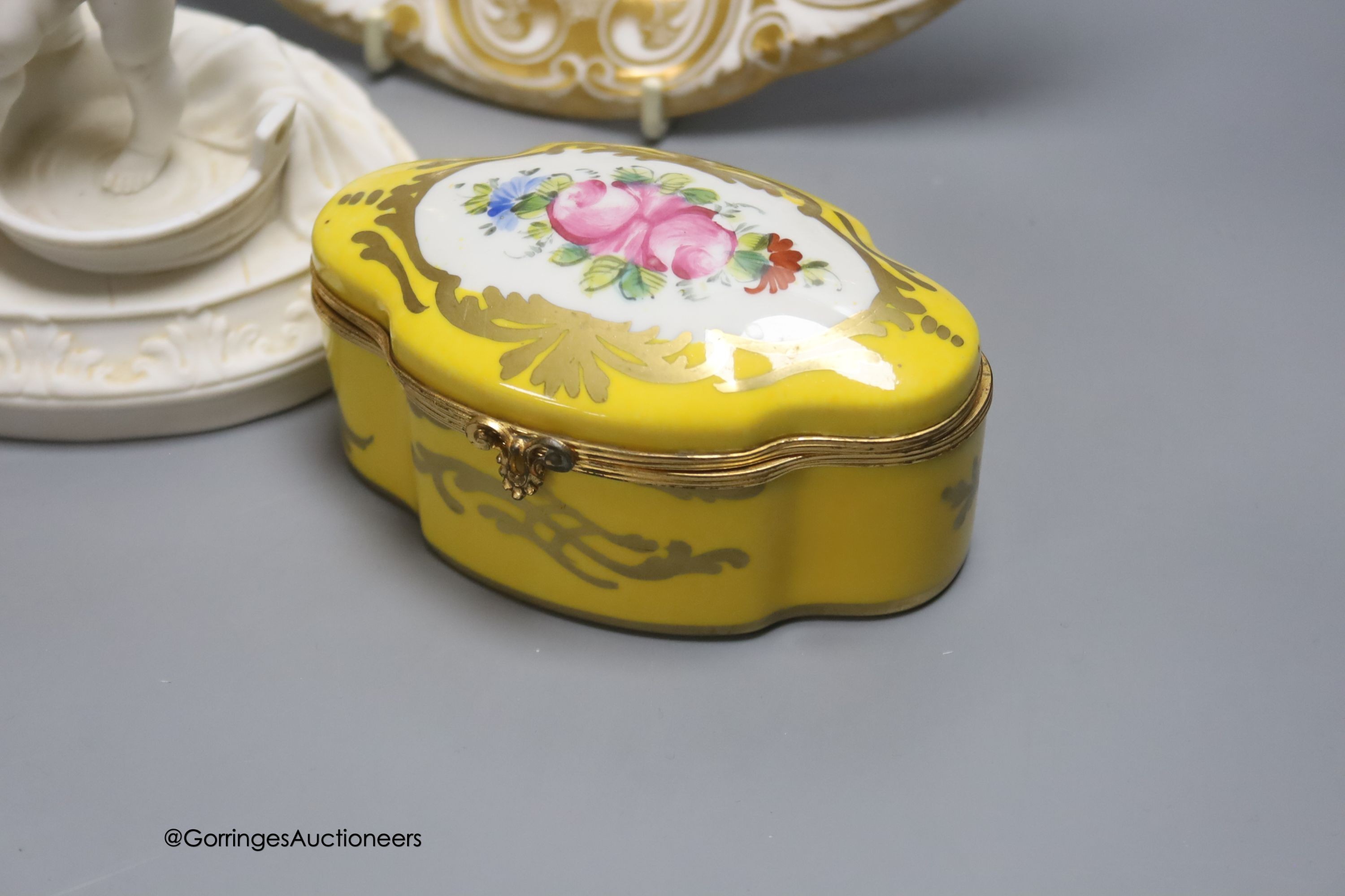 A pair Victorian dessert plates, a Parian Ware group, 'Bathtime', a Limoges box with hinged cover and a 'Celtic Weave' bowl